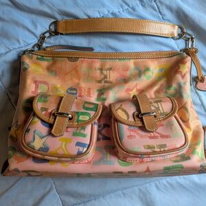 Dooney & Bourke Pink Multicolor Canvas Shoulder Bag with Tan Trim